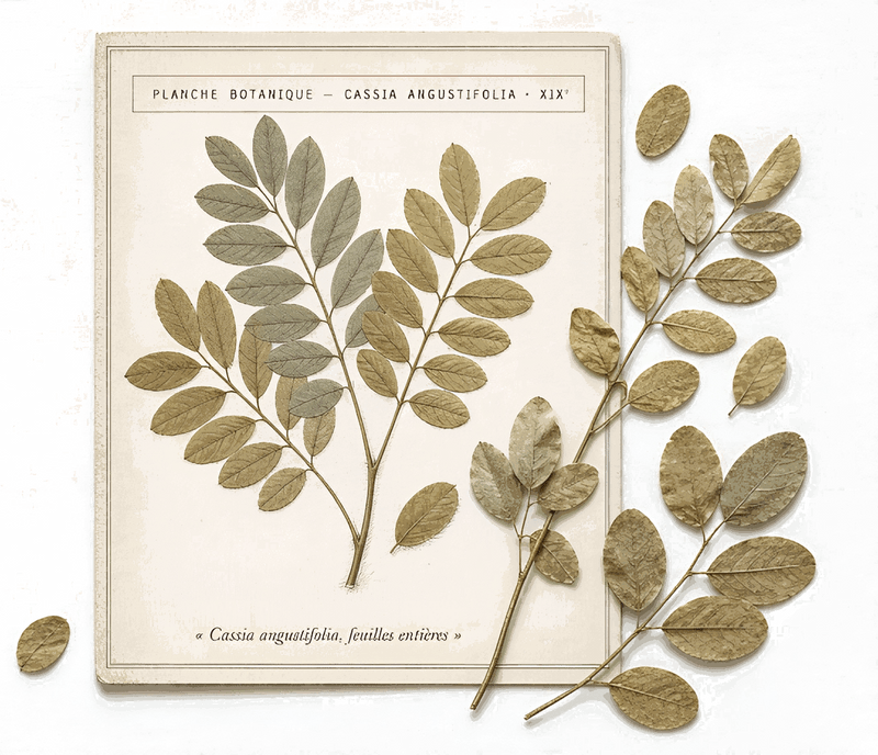 Planche botanique — Cassia angustifolia, XIXᵉ : feuilles de séné entières pressées, avec branches séchées posées à droite du cadre.
