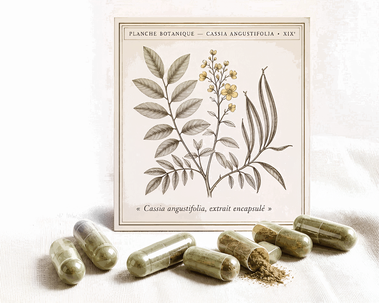 Planche botanique gravée — Cassia angustifolia, XIXᵉ — avec gélules végétales de séné et poudre au premier plan.