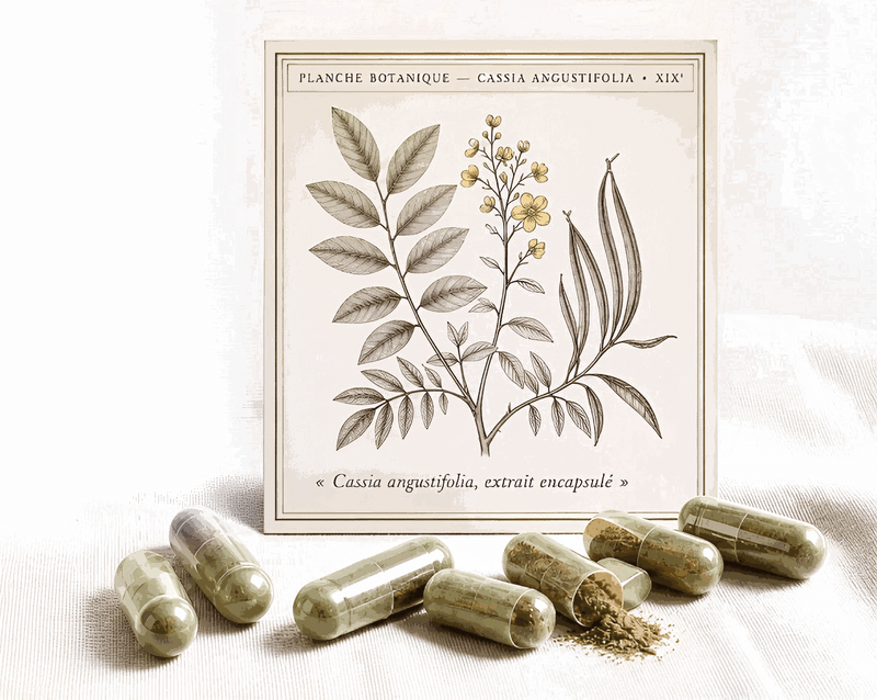 Planche botanique gravée — Cassia angustifolia, XIXᵉ — avec gélules végétales de séné et poudre au premier plan.