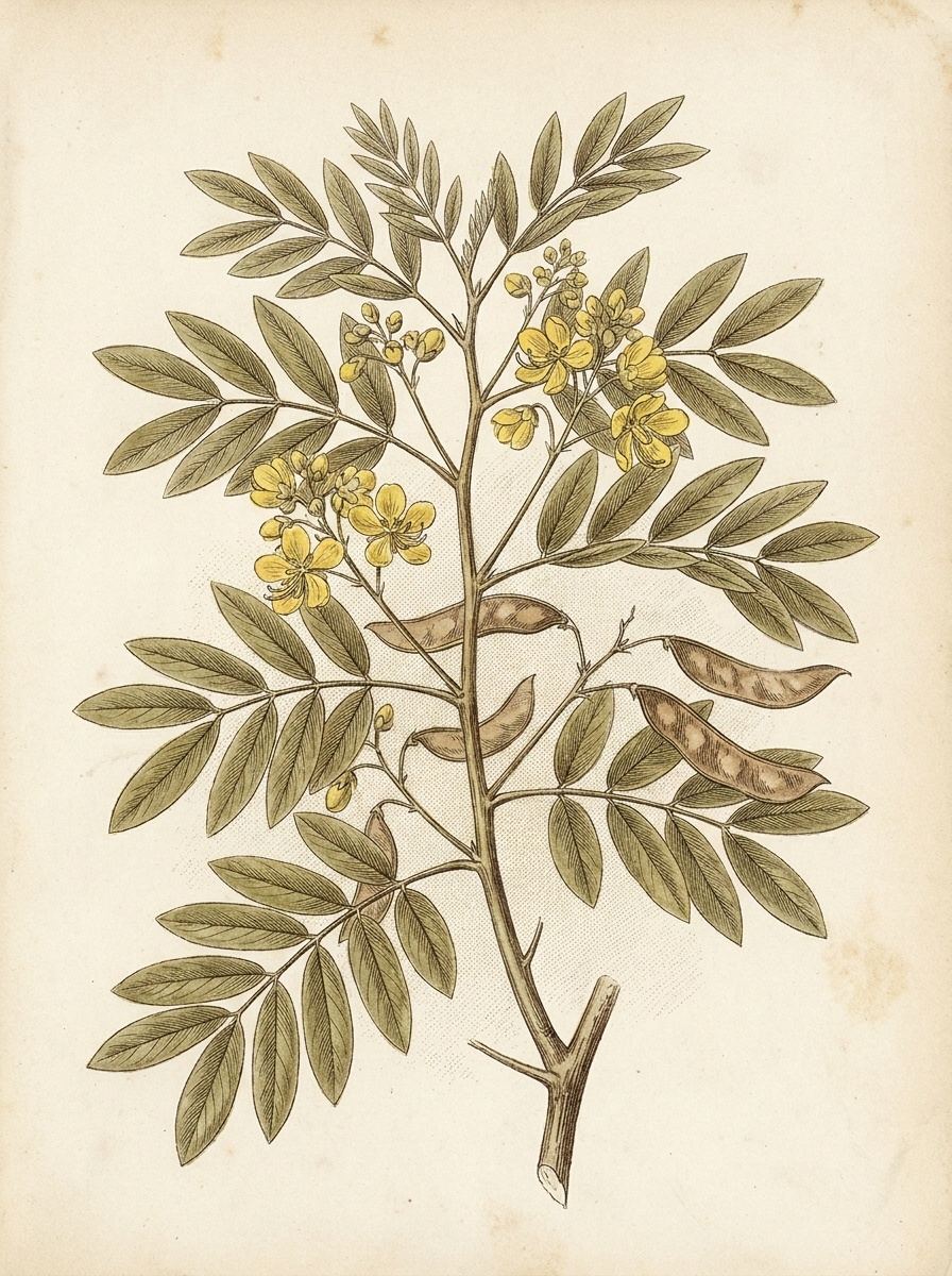 Planche botanique du séné (Cassia angustifolia) — feuilles et fleurs