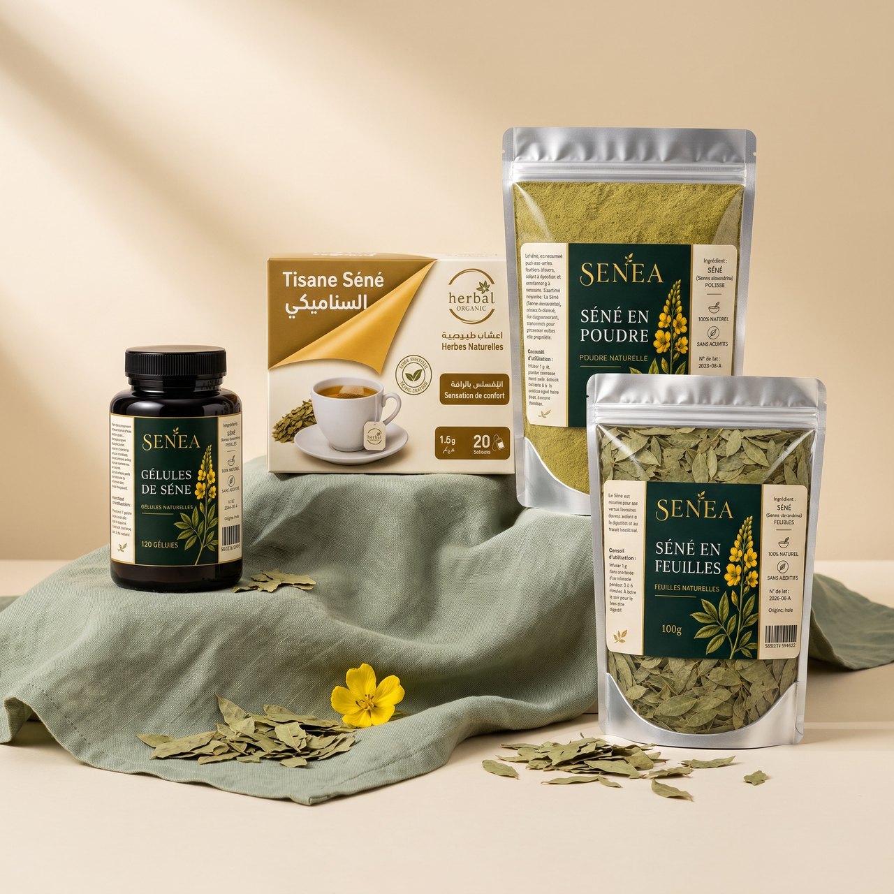 Pack Découverte SENÉA Botanique — tisane, gélules, poudre et feuilles de séné bio réunies dans un coffret.