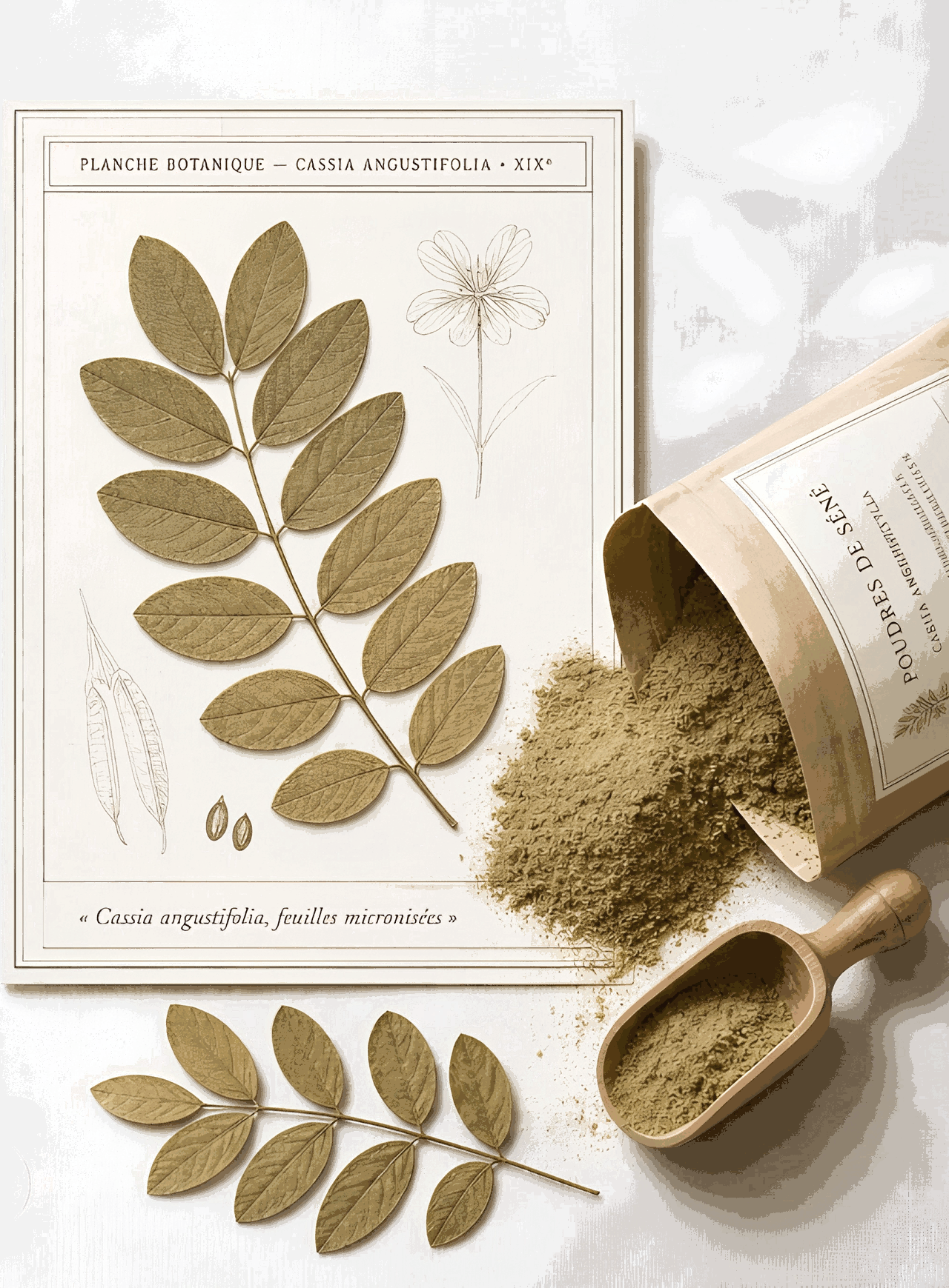 Planche botanique gravée — Cassia angustifolia, XIXᵉ — avec sachet kraft de poudre de séné renversé, pelle en bois et brin de feuilles séchées.